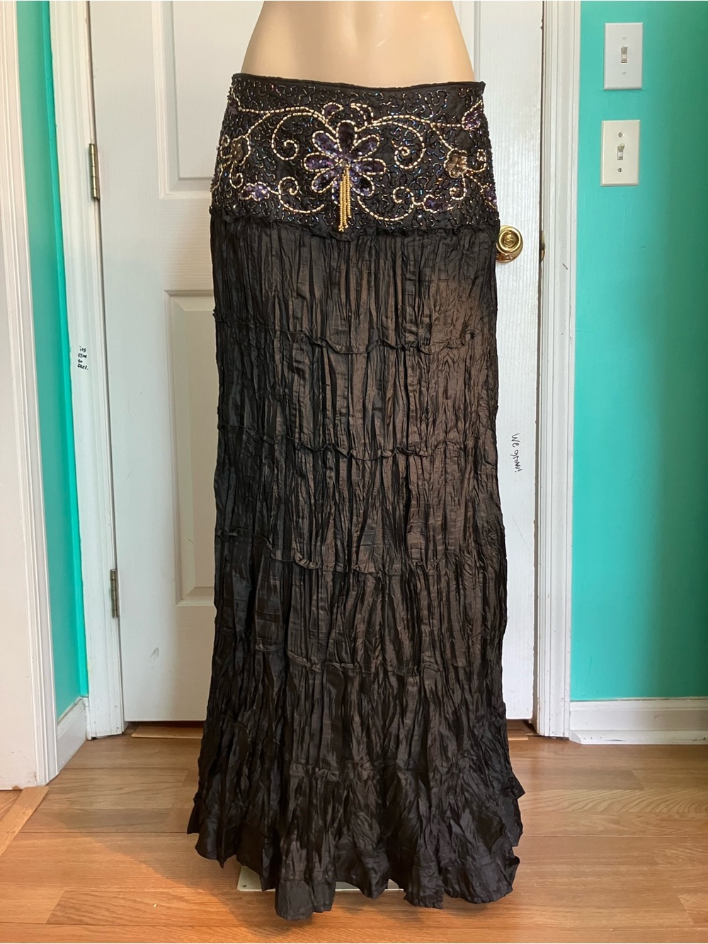 Black Embellished Waist Boho Long Skirt